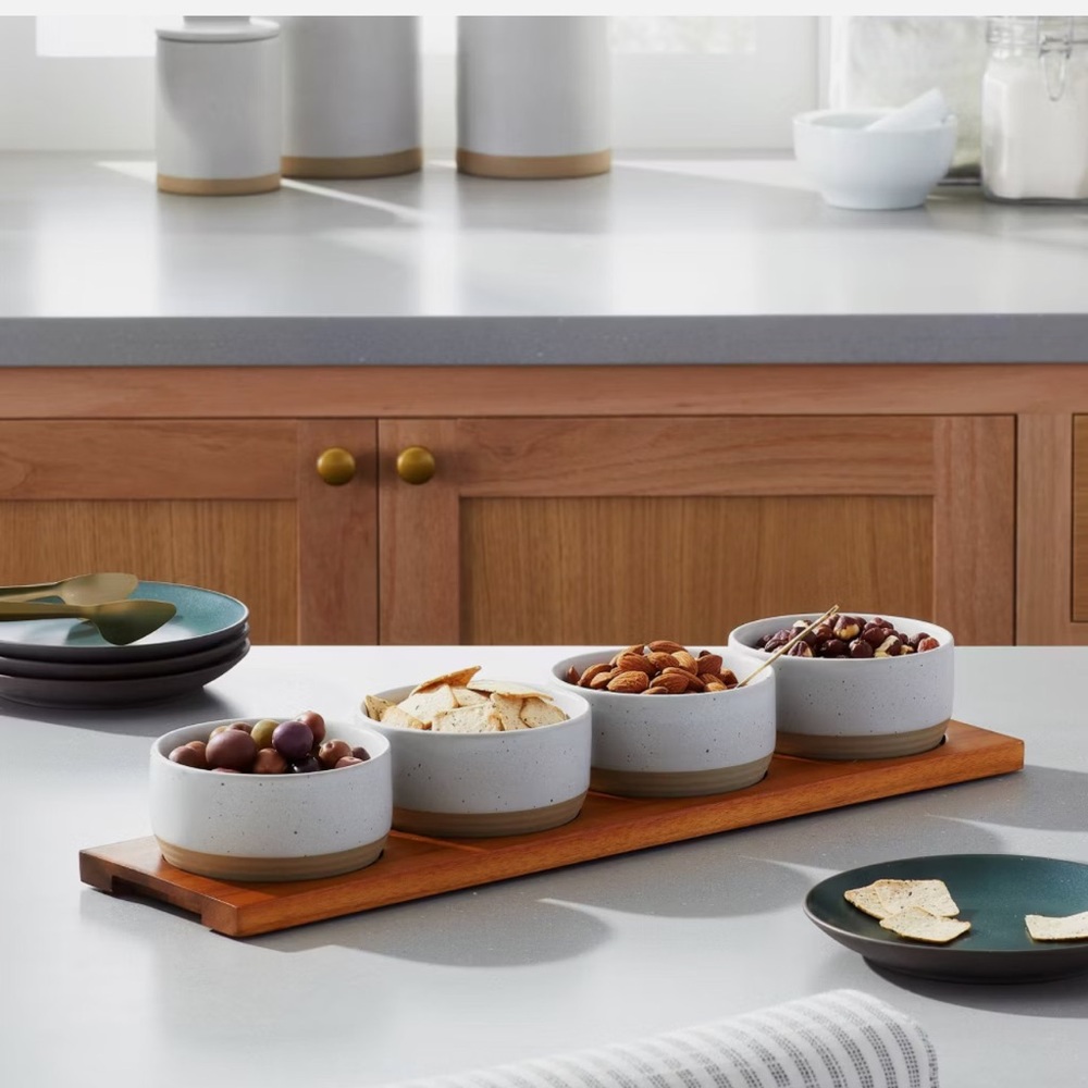 Hearth & Hand Magnolia Wood Paddle Serving Board w/ 4 Speckled Stoneware Bowls